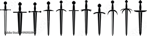 Medieval sword silhouette collection isolated on white background, ancient weapon and dagger set for historical, fantasy, and emblem design