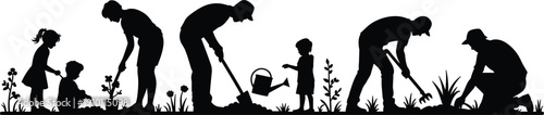 Family gardening silhouettes set, parents and children planting flowers and watering plants, outdoor activity illustration isolated on white background for nature design