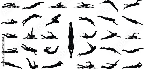 Swimming athlete silhouette collection with various strokes and diving poses isolated on white background for sport and fitness design