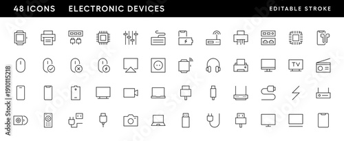 Electronic devices icon collection. Devices icon set. Accessories, gadget, smartphone, cable, plug, tablet, mouse, remote and more. Editable stroke. Pixel Perfect. Grid base 32 x 32.