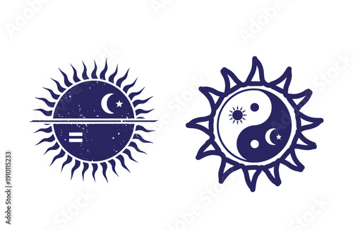 Grunge texture navy blue sun and yin yang symbols with celestial elements on white background Vintage Style