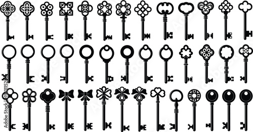 Vintage ornate key silhouettes collection isolated on white background, antique skeleton keys set for logo design, tattoo, emblem, and decorative illustration