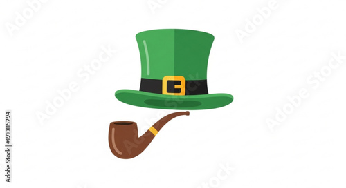 Green leprechaun hat and smoking pipe illustration on white background
