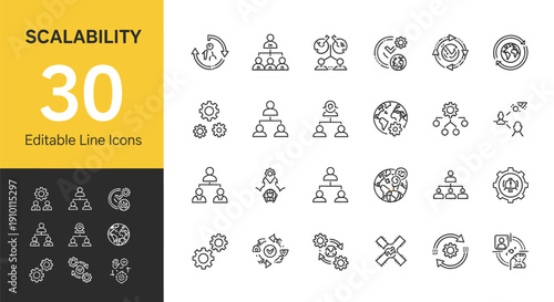 Thirty editable line icons representing various concepts related to business scalability and organizational structure growth