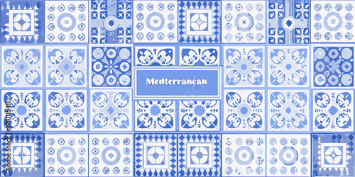 A repeating pattern of blue and white decorative ceramic tiles