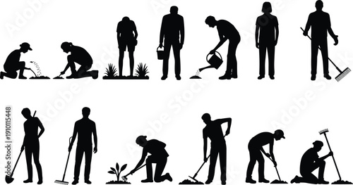 Gardening people silhouette collection, gardeners planting watering digging and raking poses set, isolated black vector illustration, agriculture landscaping activity design element pack