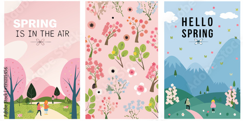 Three spring themed banners with floral illustrations and inspirational messages
