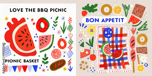 Colorful illustration of a barbecue picnic with fruits food and a checkered blanket