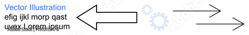 Progress, workflows, direction, business strategy, data flow, teamwork. Two arrows pointing in opposite directions with gear icons. Progress and workflows by arrows and gears