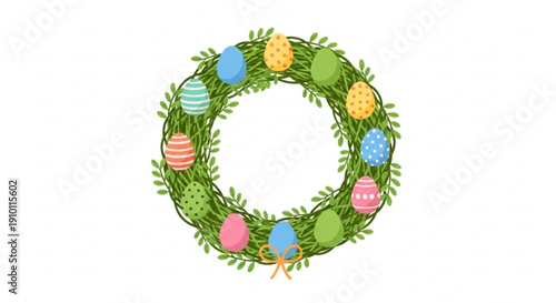 Colorful easter wreath with decorated eggs and greenery on white
