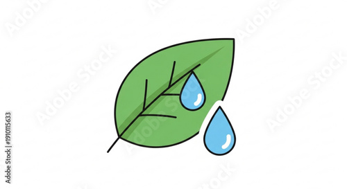 Green leaf with two blue water droplets on white background symbolizing nature and hydration
