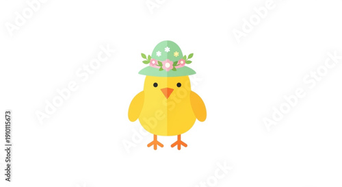 Cute yellow chick wearing green easter hat with flowers on white background