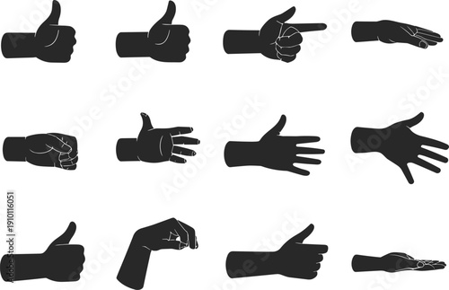 Hand gesture silhouettes set, human hand signs collection, isolated black icons, communication symbols, pointing thumbs up open palm vector illustration pack design