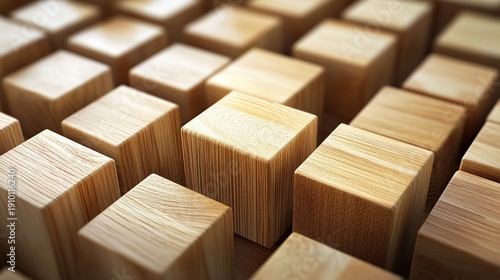 A close-up shot of numerous wooden cubes arranged in a grid pattern, creating a textured surface with varying shades of brown and golden tones.