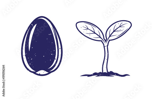Grunge texture seed and young plant growth stages in simple illustration style for gardening or agriculture concepts Vintage Style