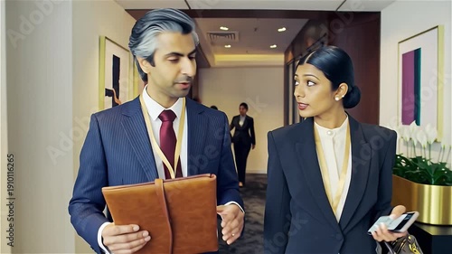 Two Indian business executives discussing work in modern office hallway