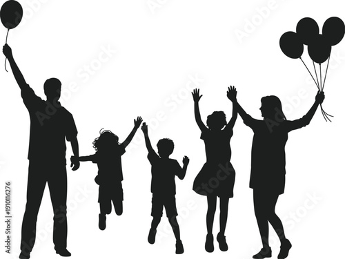 Happy family silhouettes with balloons, parents and children jumping together, joyful celebration illustration isolated on white background for lifestyle and holiday design