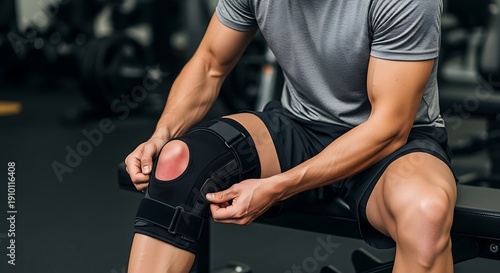 Man putting knee brace to support painful leg. Athlete bodybuilder leg wearing knee support brace or elastic kneecap bandage. Sleeve for compression.