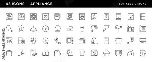 Appliance icon collection. Household icon set. Air conditioner, lamp, blender, iron, fan, stove and more. Editable stroke. Pixel Perfect. Grid base 32 x 32.