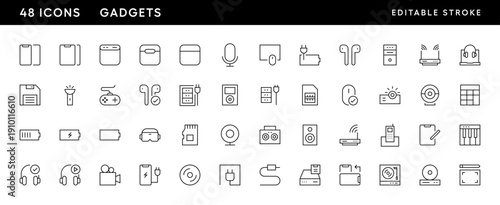 Gadgets icon collection. Devices icon set. Accessories, camera, smartphone, cable, plug, tablet, mouse, smart watch and more. Editable stroke. Pixel Perfect. Grid base 32 x 32.