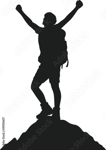 Hiker silhouette standing on mountain peak with raised arms success and achievement concept black vector illustration isolated on white background