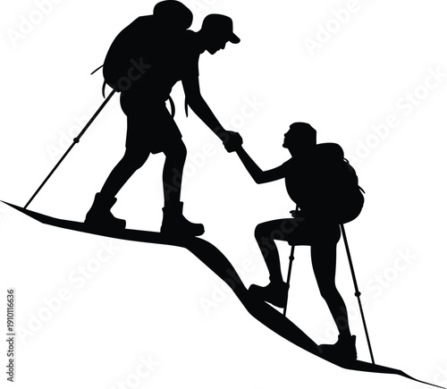 Hikers silhouette helping each other, mountain trekking teamwork illustration isolated on white background black vector adventure design concept