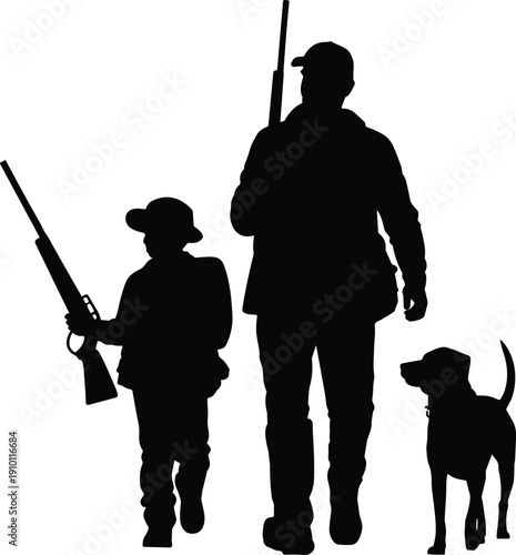 Hunter silhouettes with dog and rifles, father and son hunting team, black outdoor adventure illustration isolated on white background vector