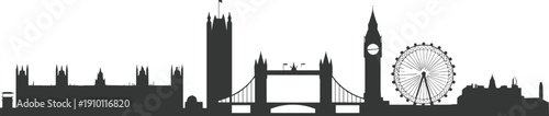 London skyline silhouette panorama, Tower Bridge Big Ben London Eye cityscape illustration isolated on white background detailed vector design