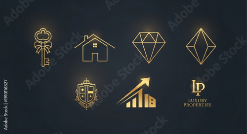 Collection of elegant gold line art logos and icons.