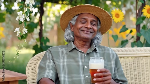 Elderly Indian man enjoys craft beer outdoors in relaxation