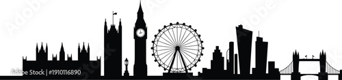 London skyline silhouette with Big Ben and London Eye, city landmark panorama illustration isolated on white background vector design