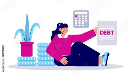 Woman sitting next to stacks of coins while holding a financial debt document