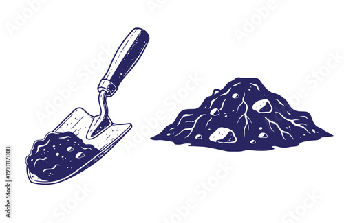Grunge texture shovel with soil and pile of dirt for gardening or construction work on white background Vintage Style