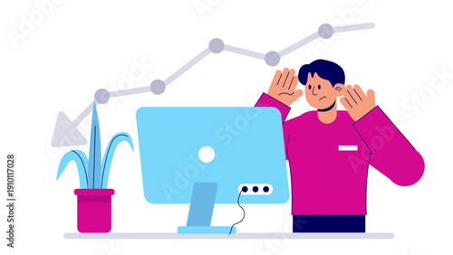 Stressed man reacting to a falling line graph showing a significant financial decline
