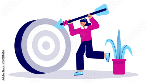 Determined woman throwing a large arrow toward a target to achieve a business goal