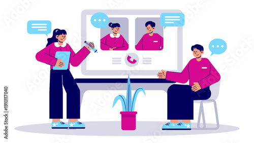 Team of professionals conducting a video conference call with remote participants