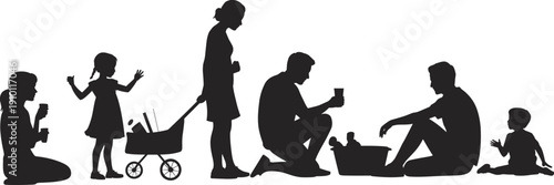 Homeless family silhouettes collection poverty concept parents and children begging with cart black vector illustration isolated on white background