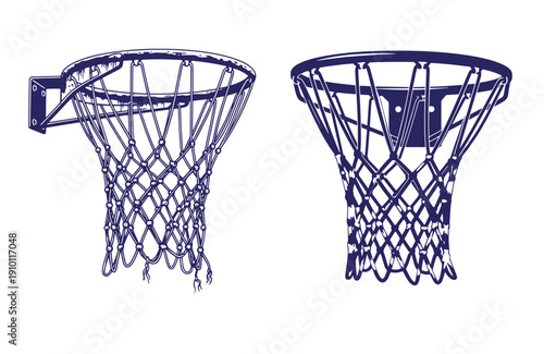 Grunge texture Two basketball hoops with nets in different angles for sports and games Vintage Style