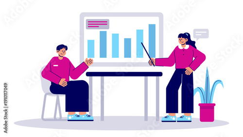 A businesswoman using a pointer to explain data charts during a presentation