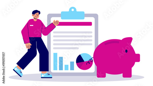 A professional woman analyzing financial growth reports next to a piggy bank