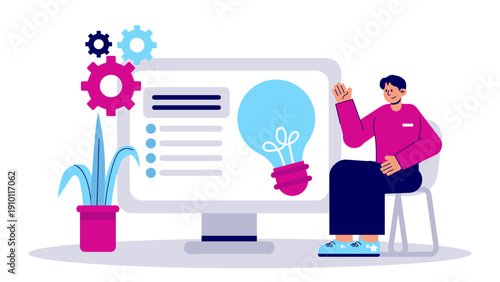 A businessman sitting next to a computer screen with a large light bulb idea