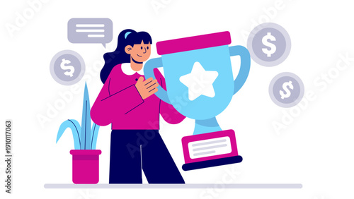 A woman celebrating her success while holding a large winner trophy and coins