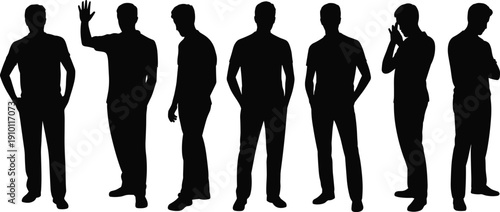 Man silhouettes collection, standing male poses set illustration isolated on white background black vector design for character concepts