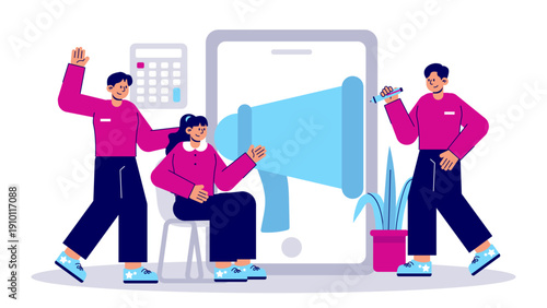 A team conducting marketing activities with a megaphone on a mobile screen
