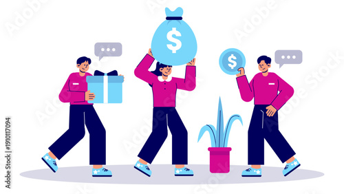 Team members receiving rewards including money bags, gifts, and coins