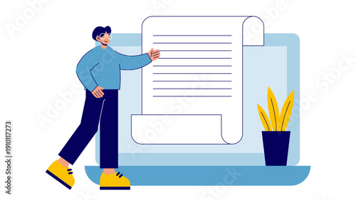 A businessman presenting a large digital document on a laptop screen with a potted plant on the side