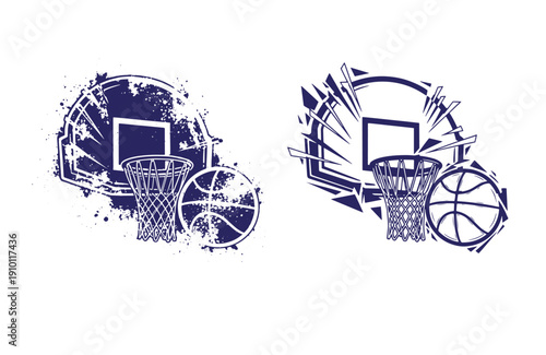 Grunge texture Two blue basketball illustrations with hoops and balls on white background  sports graphics Vintage Style