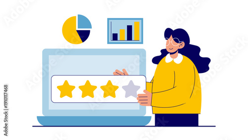 A businesswoman presenting a high customer satisfaction rating with gold stars on a laptop