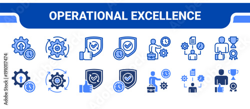 Operational Excellence Icon Collection,  featuring Efficiency, Effectiveness, Reliability, On Time, Working time, Time managament, Performance.