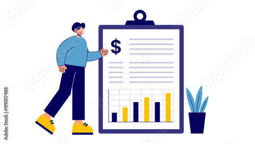 A professional man reviewing a large financial report with bar charts on a clipboard